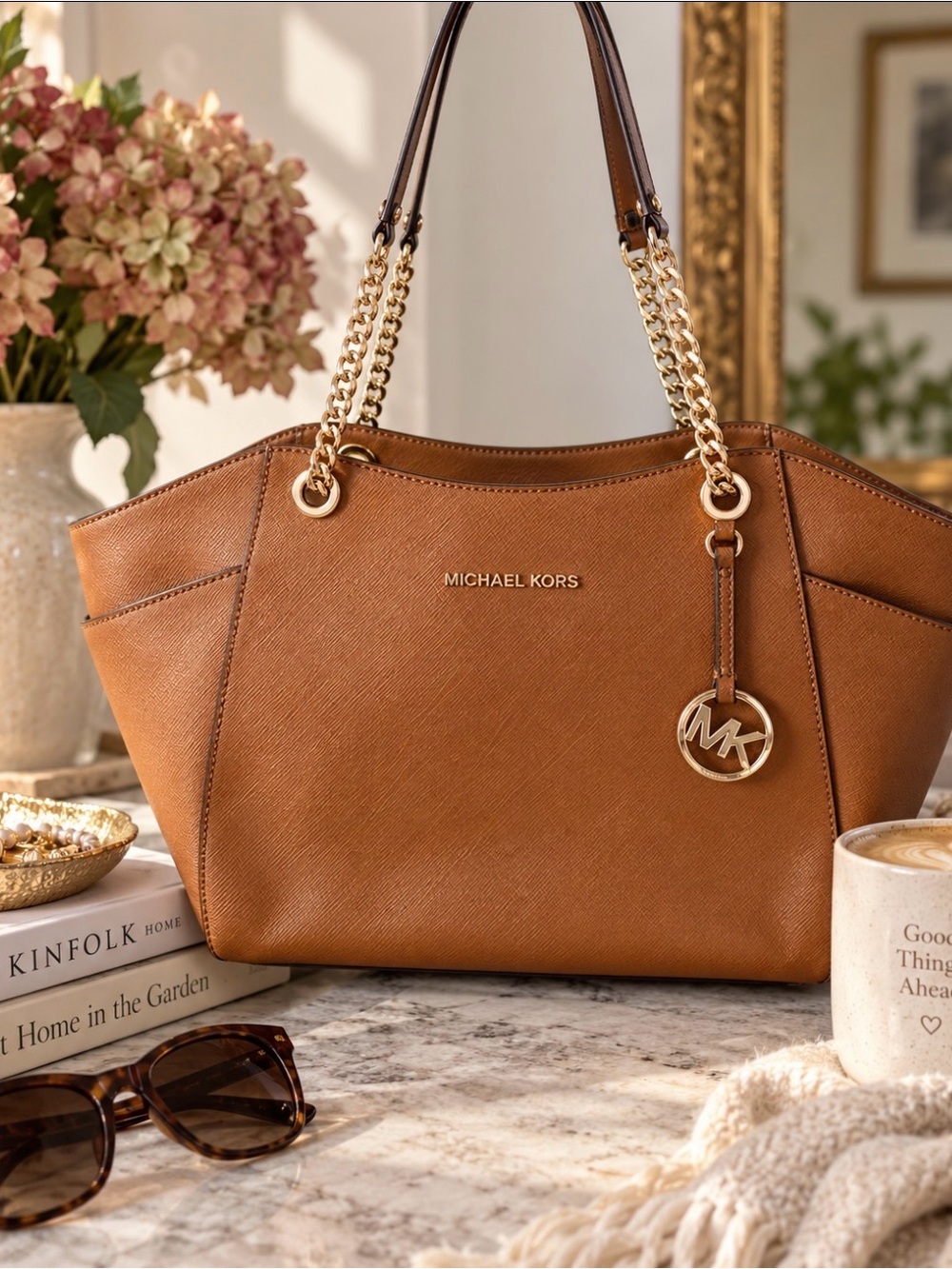 Michael Kors Cognac Saffiano Leather Shoulder Tote with Gold Hardware
